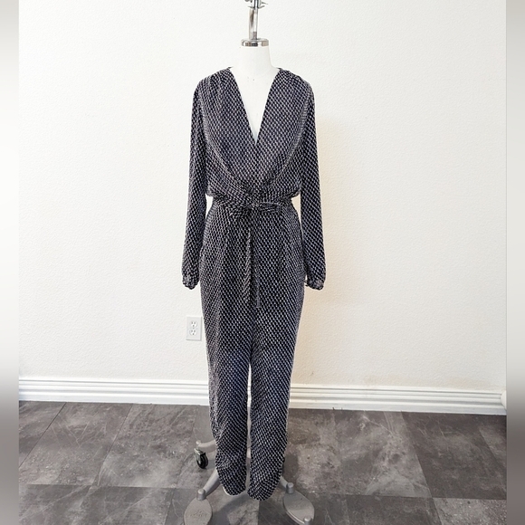 H&M Pants - H&M Swiss Dot V Neck Tapered Leg Jumpsuit Black White 10 hippie retro 70s